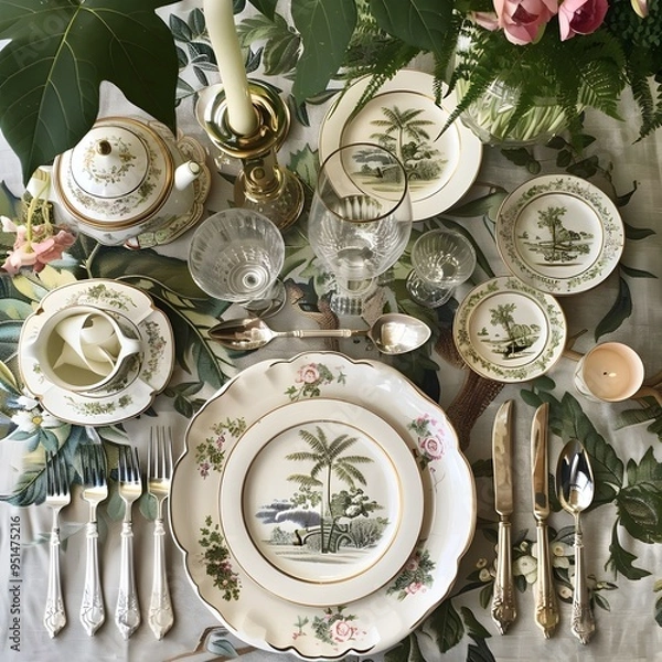 Obraz porcelain plate with flowers,Brilliant Dinner Table Decoration,