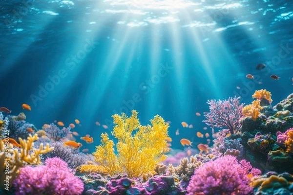 Fototapeta Underwater Scene with Sunbeams Illuminating Vibrant Coral Reef