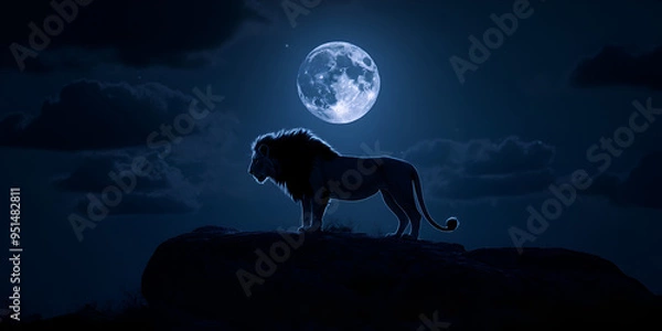 Obraz Lion Silhouetted Against Full Moon