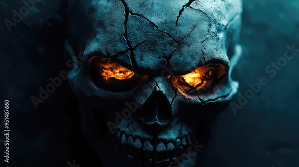 Fototapeta A chilling mask featuring skeletal, cracked features and hollow eye sockets, illuminated by glowing red eyes.