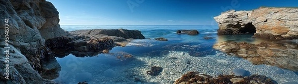 Fototapeta Scenic coastal area featuring tidal pools surrounded by rocky outcrops and seaweed, with clear blue waters under a sunny sky.