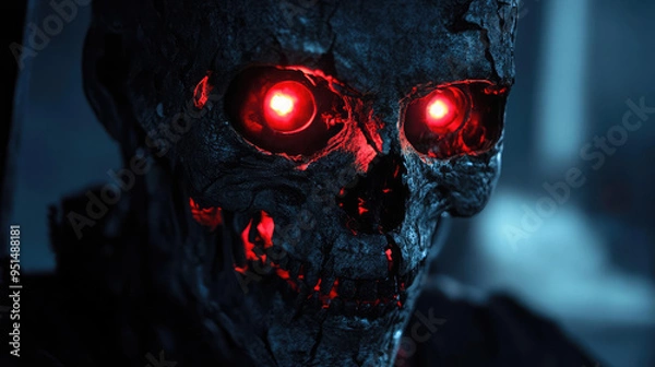 Fototapeta A haunting mask with skeletal, cracked features and hollow eye sockets, glowing with red eyes.