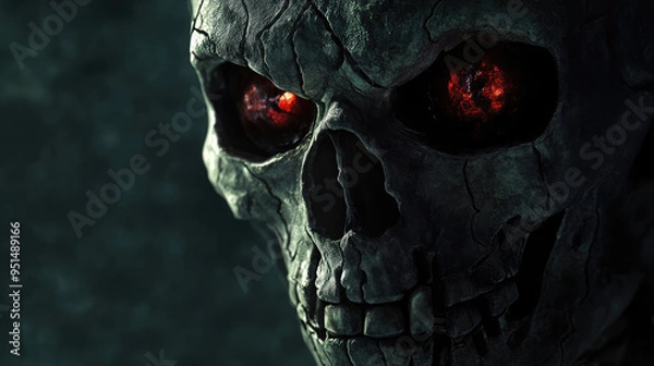 Fototapeta A creepy mask with skeletal, cracked features, hollow eye sockets, and glowing red eyes, surrounded by darkness.