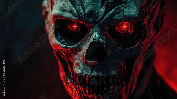 Fototapeta A disturbing mask featuring cracked skeletal elements, hollow eye sockets, and glowing red eyes.