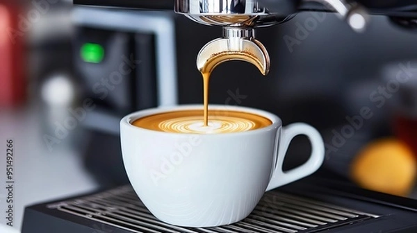 Fototapeta A modern kitchen espresso setup, showing a close-up of a home espresso machine pulling a perfect shot, emphasizing the precision of home espresso brewing