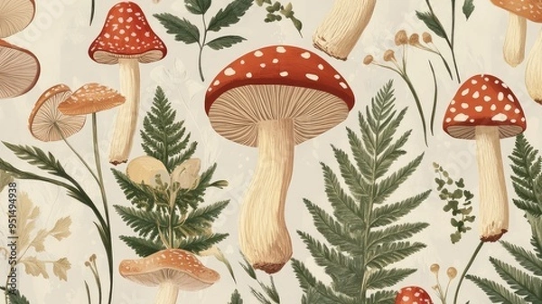Fototapeta Enchanting design featuring tiny mushrooms, fern leaves, and delicate flowers in soft earthy shades, ideal for tea packaging.