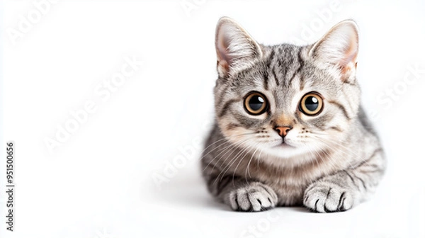 Fototapeta Curious Gray Tabby Cat Lying Down with Intense Gaze