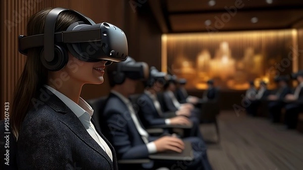 Fototapeta A businesswoman in a VR headset in a conference room engages with a virtual world of data and strategy.