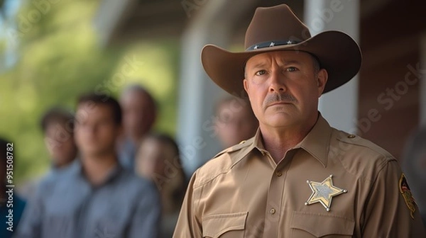 Fototapeta In a small town, a local sheriff holds a press conference, announcing new measures to ensure justice and safety for all community members