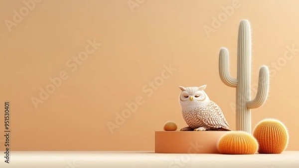 Fototapeta An owl resting on a desert podium beside a tall cactus under a bright sun.