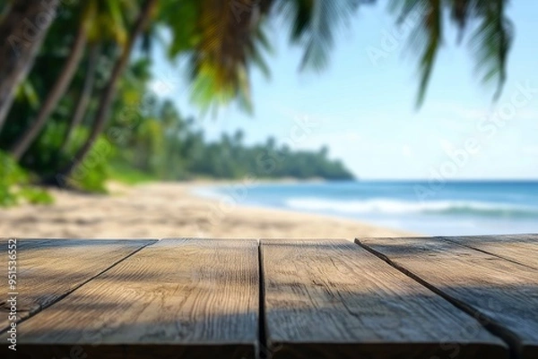 Obraz Empty wooden table with blurred beach with coconut trees in the background with generative ai