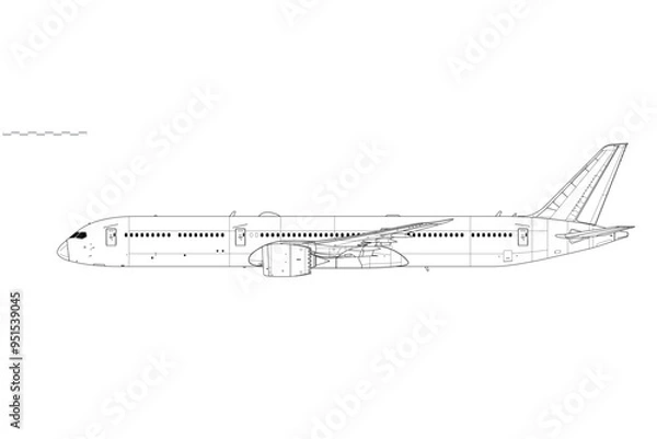 Fototapeta Boeing 787-10 Dreamliner. Vector drawing of passenger jet airliner. Side view. Image for illustration and infographics.
