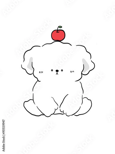 Obraz 頭にリンゴがのっているカワイイ犬