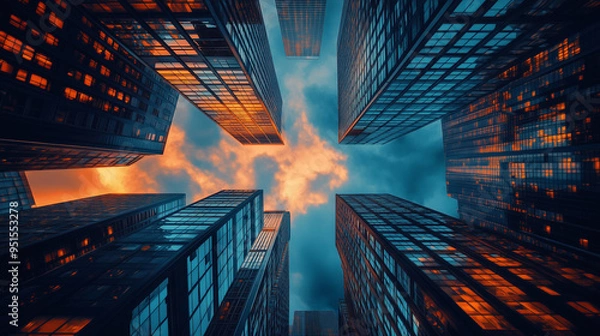 Fototapeta A view of a high rise glass building and a dark steel window system on a blue clear sky background. A business concept of future architecture, looking up to the sun's light on top of the building. 3D