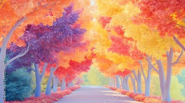 Fototapeta Autumn Trees Line Road, Colorful Fall Foliage
