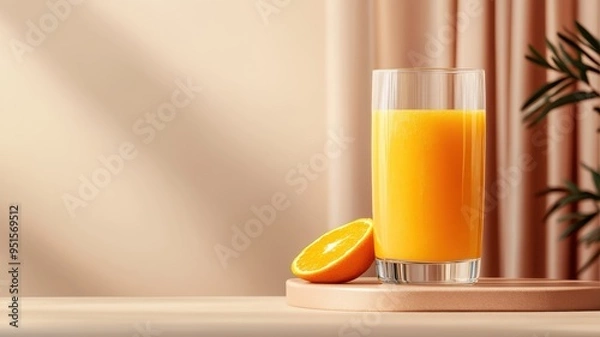 Fototapeta Freshly squeezed orange juice on a rainbow podium behind a shimmering curtain.