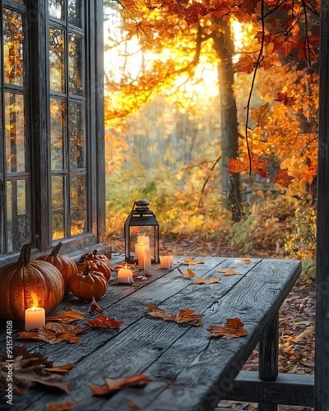 Fototapeta A cozy autumn scene with pumpkins, candles, and falling leaves, framed by a warm golden sunset through the window.