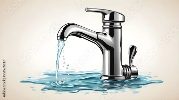 Fototapeta A vector illustration of a realistic-looking stream of water coming from a faucet. Isolated on a white backdrop is the water tap icon.