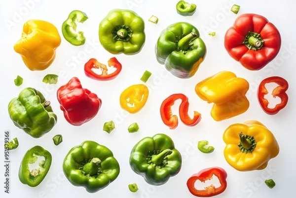 Obraz A dynamic display of various bell peppers in green