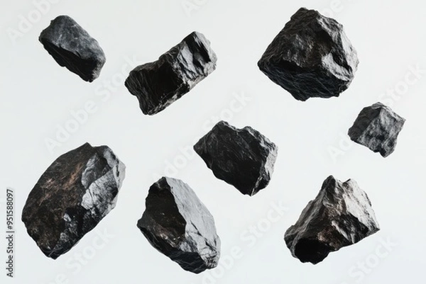 Fototapeta A group of dark, rugged rocks floating in mid-air against a white background