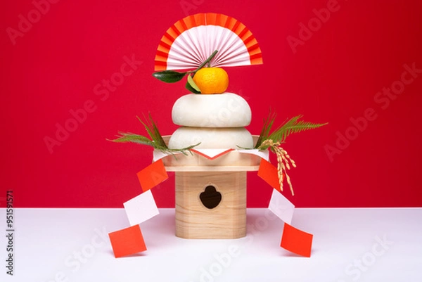 Fototapeta 本物のお餅“鏡餅"を中央に配置した写真　紅白背景　三宝(台座)あり