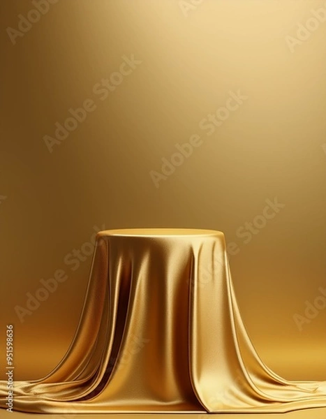 Fototapeta Golden luxurious fabric or cloth placed on top pedestal or blank podium shelf on gold background with luxury concept. Museum or gallery backdrops for product. 3D rendering