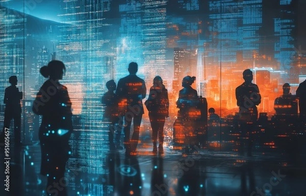Fototapeta Business event brings together diverse team with tech elements