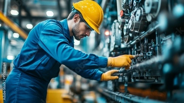 Fototapeta Industrial Precision: A skilled engineer meticulously inspects machinery in a vibrant factory setting, embodying the essence of manufacturing and engineering expertise.