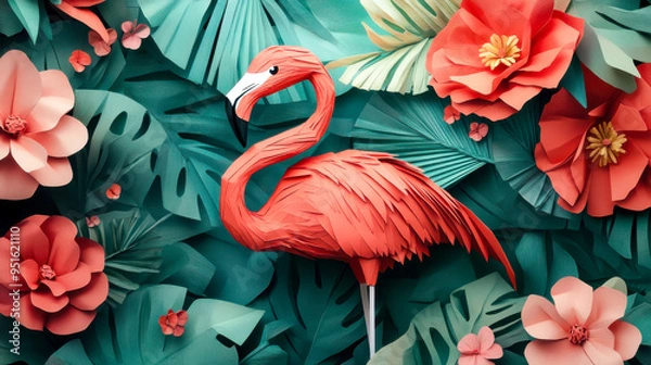 Fototapeta Flamingo and tropical flowers form a 3D origami image, inspiring a masculine, arty fashion print without the 3D effect.