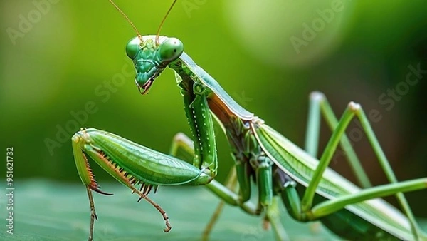 Fototapeta A green praying mantis with large, prominent eyes, perched on a green leaf, facing the camera.