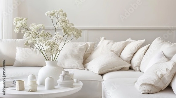Fototapeta Living room featuring a white couch draped in white