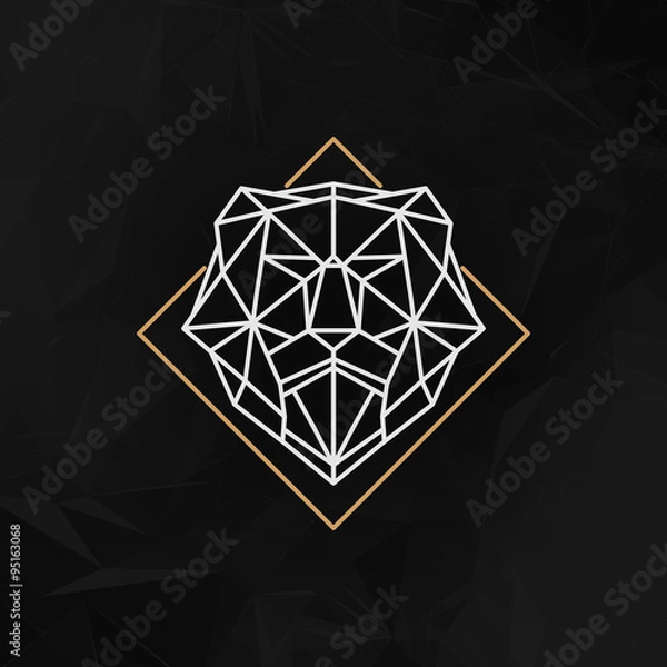 Fototapeta The lion head logo (Icon) - Vector illustration. The lion head in outline low poly style on the dark abstract geometric background.