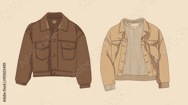 Obraz Minimalistic Line Art Vector Illustration of Brown Jackets and Beige Sweater on Tan Background with Simple Shapes, Front View, High Resolution