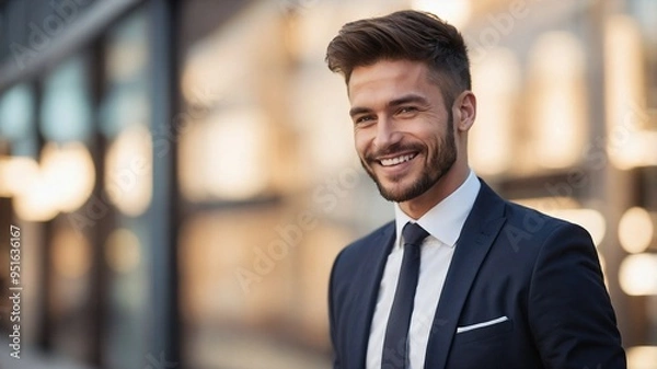 Fototapeta ハンサムなビジネスマンがフォーマルな服装で見せる笑顔と自信を捉えたポートレート
