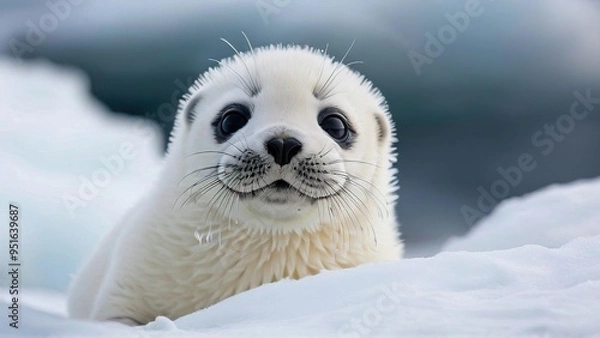 Obraz A white baby seal pup with dark eyes and whiskers, lying on a snow-covered surface, looking at the camera with a curious expression.