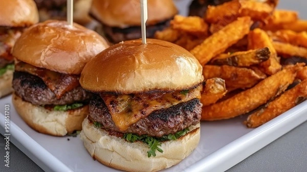 Obraz A plate of multiple small burgers with chargrilled beef and cheese, side by side on the platter, some in buns with toothpicks, beside them is a pile of crispy sweet potato fries.