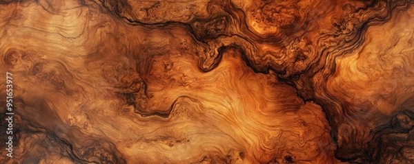Obraz High-resolution texture of polished walnut burl wood with intricate grain patterns in warm brown tones, perfect for backgrounds or design use.