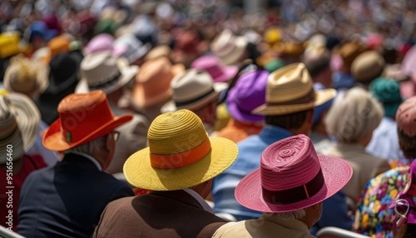 Obraz Grandstands Filled with Spectators Wearing Colorful Hats Watching a Kentucky Race

