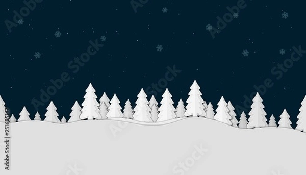 Fototapeta Winter landscape background. Illustration with christmas tree and snowflakes. Merry Christmas greeting card. Paper cut out design.