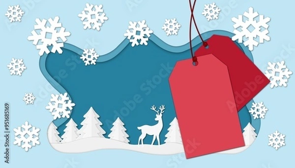 Fototapeta Festive paper cut style background with snowflakes, deer, and pine trees. Two red blank tags hang from string with a winter backdrop perfect for your holiday sales and pro