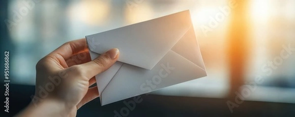 Fototapeta Hand holding a sealed business envelope tightly, with soft light highlighting the fingers, conveying the weight and importance of whistleblower documents