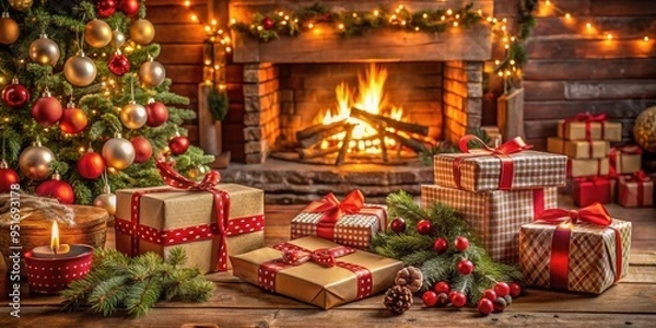 Fototapeta Christmas presents and decorations scattered in front of a cozy fireplace, creating a warm and festive atmosphere