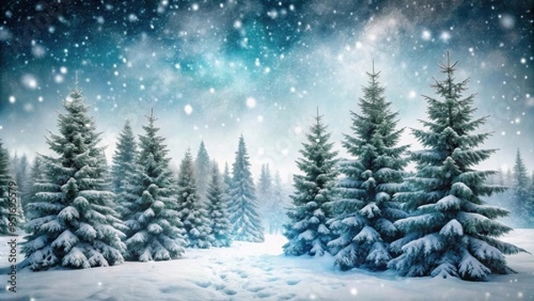 Fototapeta Snow falling and covering the fir trees, winter, snowflakes, pine, nature, cold, landscape, snowy, Christmas, seasonal, forest
