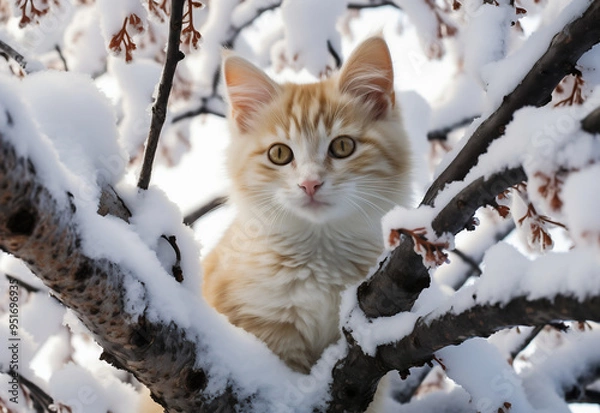 Fototapeta a cat climbing a tree looking at the camera, in the style of art photography, white and black, snow scenes, manga-influenced, birds-eye-view