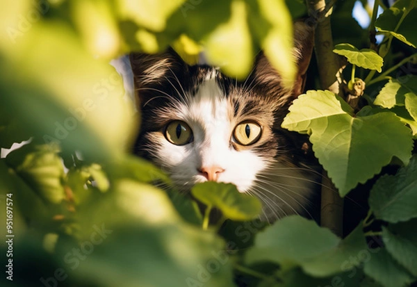 Fototapeta a cat peeking into a tree, in the style of white and black, viennese actionism, national geographic photo, naturalistic poses