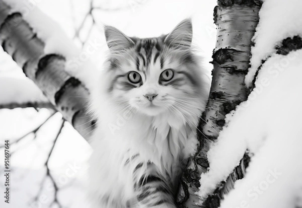 Fototapeta a cat climbing a tree looking at the camera, in the style of art photography, white and black, snow scenes, manga-influenced, birds-eye-view