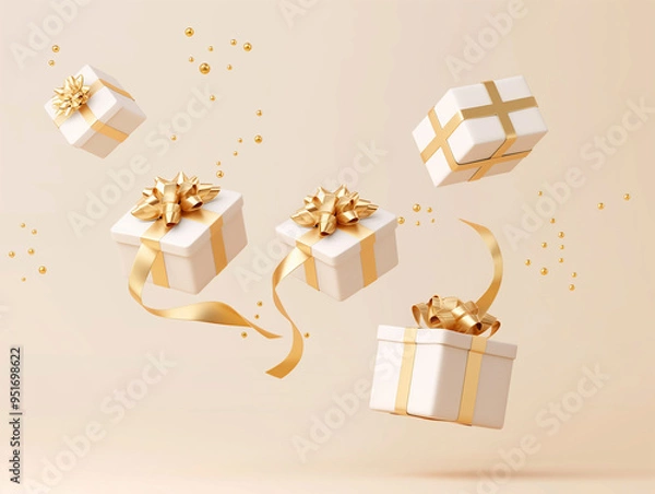 Fototapeta 3D rendering of flying white gift boxes with golden ribbon and bow, isolated on a light background