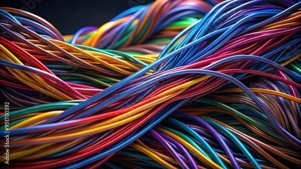 Fototapeta High resolution wallpaper featuring a futuristic design of colorful cables intertwining on a dark background, technology