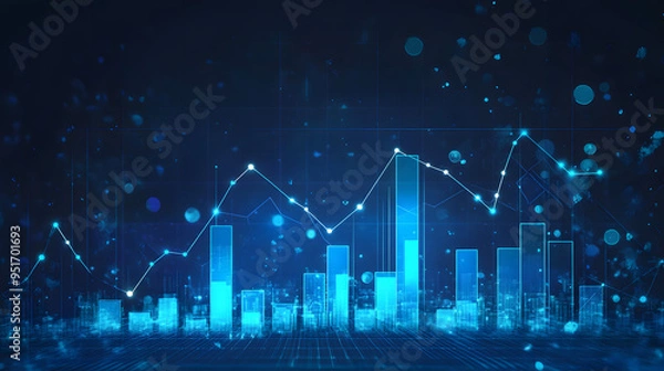 Obraz A blurred background with a blue finance graph and investment bar, showcasing growth and success in the market with technology currency reports chart. Business stock world economy AI computer