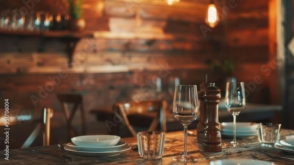 Fototapeta rustic dining scene with weathered wooden table in foreground warmtoned wooden wall as backdrop soft lighting creates inviting atmosphere for intimate gatherings or farmhousestyle decor